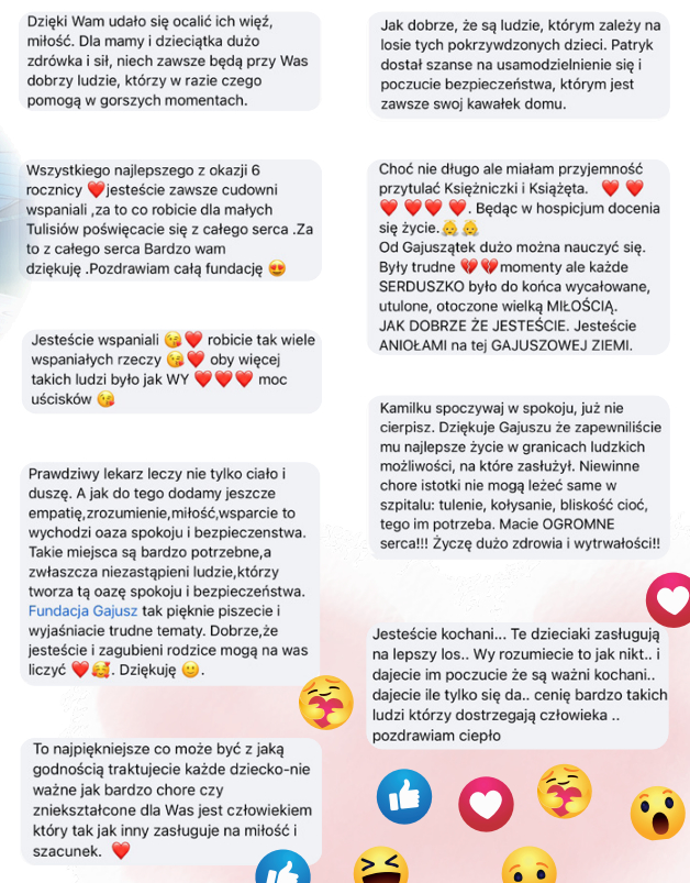 Zdjęcie komentarzy i reakcji z social media Fundacji Gajusz