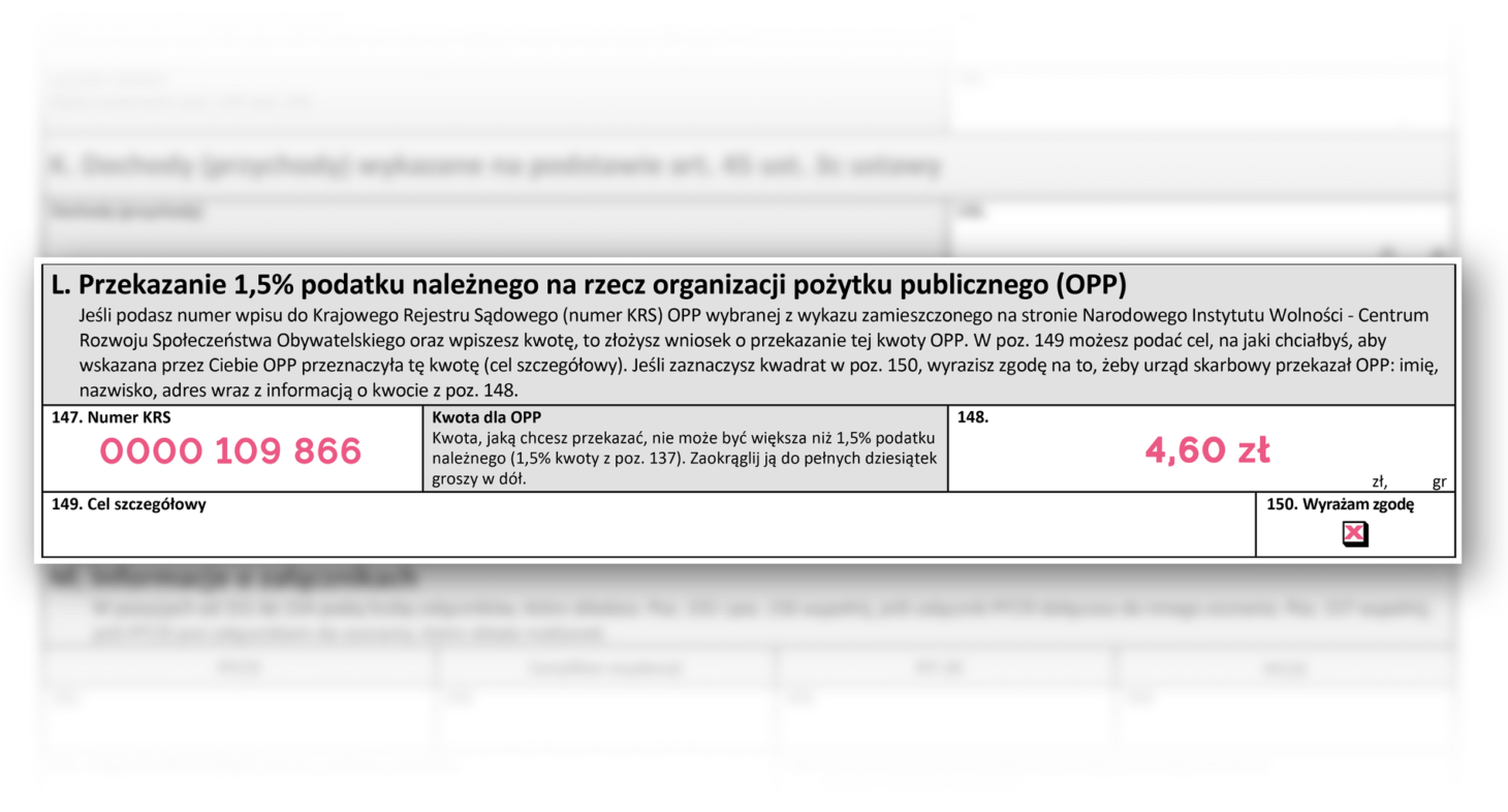 Obrazek przekazania 1,5% z miejscem na uzupełnienie KRS