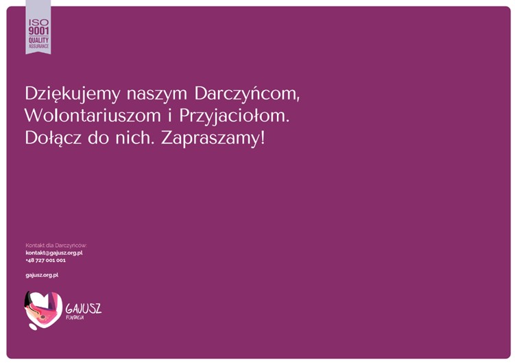 Misja Gajusza podziękowanie dla darczyńców na fioletowym tle raport2023